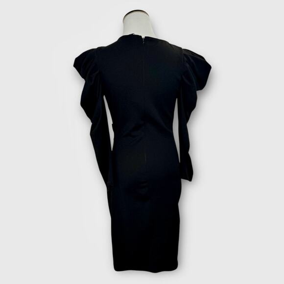 Vintage Gibiu Black Bodycon Faux Wrap Structured Shoulder Dress L - Picture 9 of 11